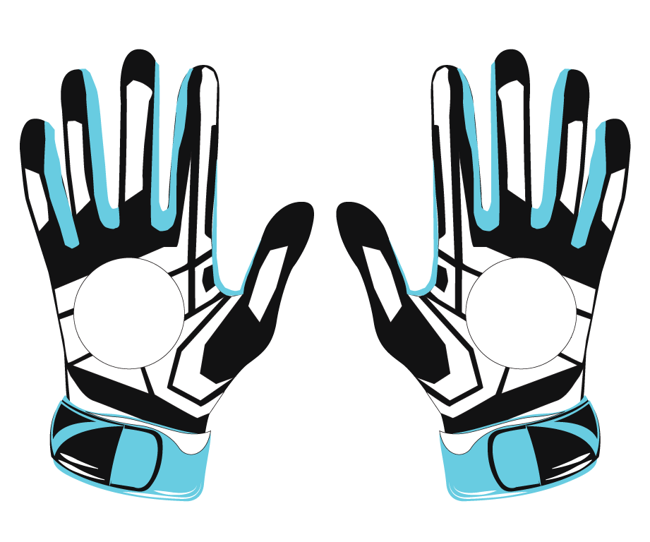 Pair of black, white, and blue robotic hand gloves with leather front, neoprene cuff, and futuristic design for gaming and performance.